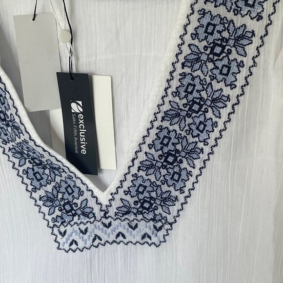 Joie Tunic Beach Dress Coverup M/L White V-Neck Blue Embroidered Cotton Summer - Picture 7 of 11